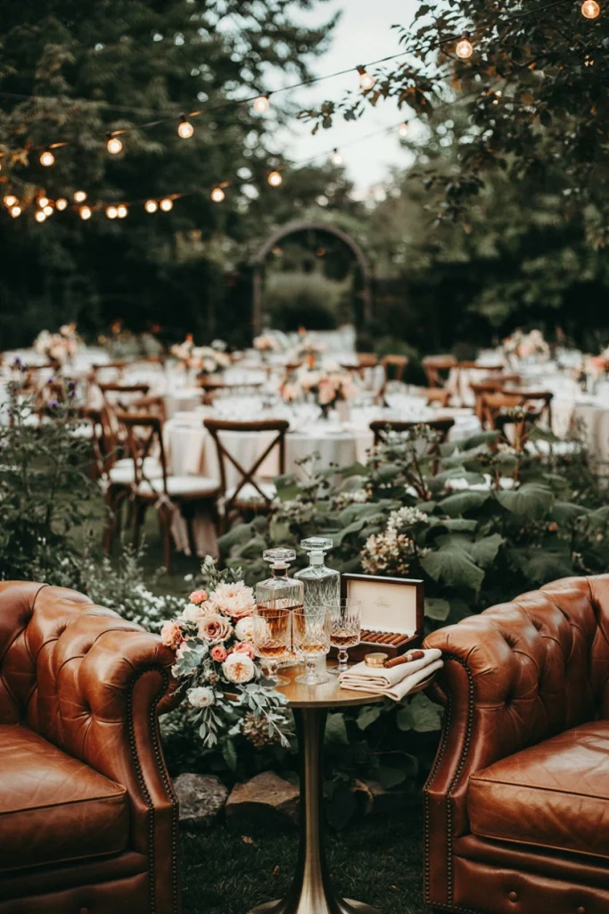 Cozy lounge corner with leather chairs, a whiskey tasting flight, and dim lighting at a wedding reception