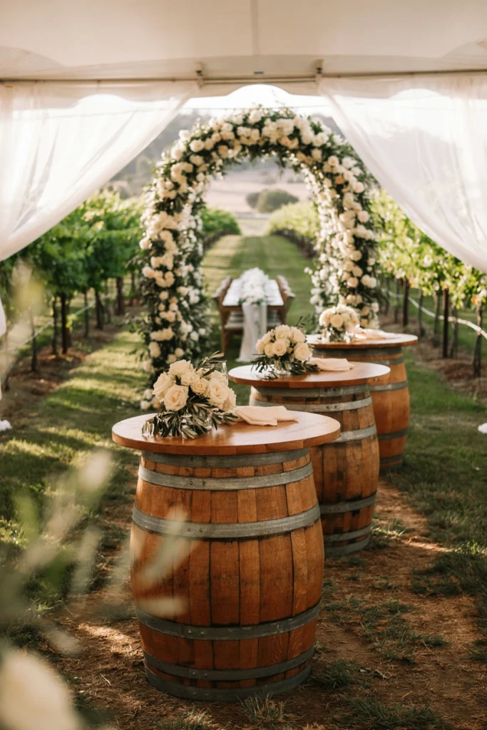 Repurposed wine barrel used as a cocktail table with a wood round and candle