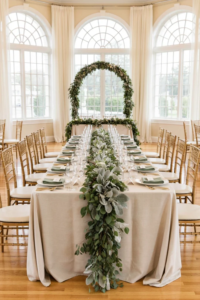 Simple eucalyptus garland runner with candles, no additional flowers