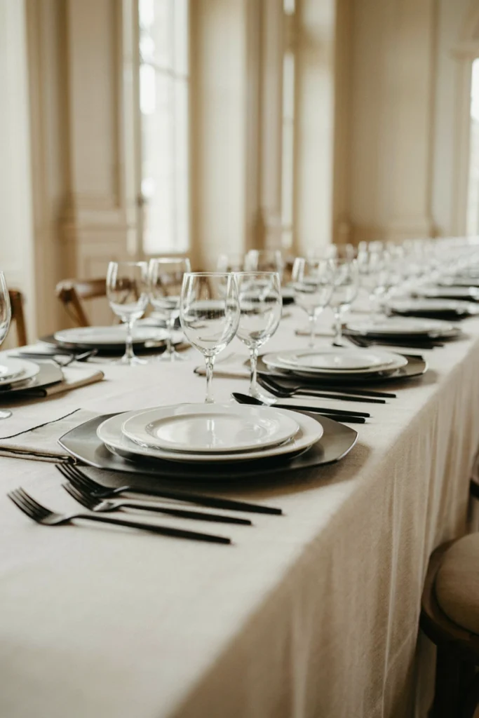 Matte black charger and white plate place setting with a folded black-rimmed napkin