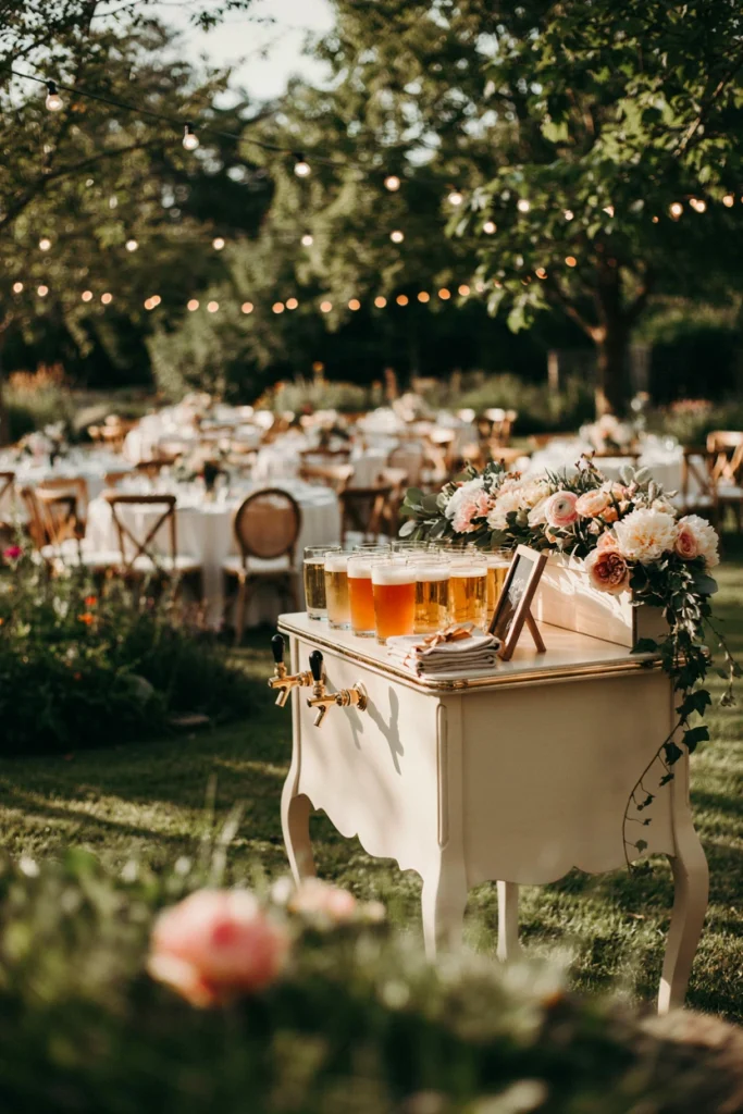 Vintage cart serving local craft beers on tap, decorated with greenery at a wedding reception