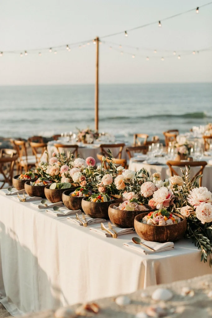 Fresh ceviche served in coconut shells with lime and cilantro at a beach wedding
