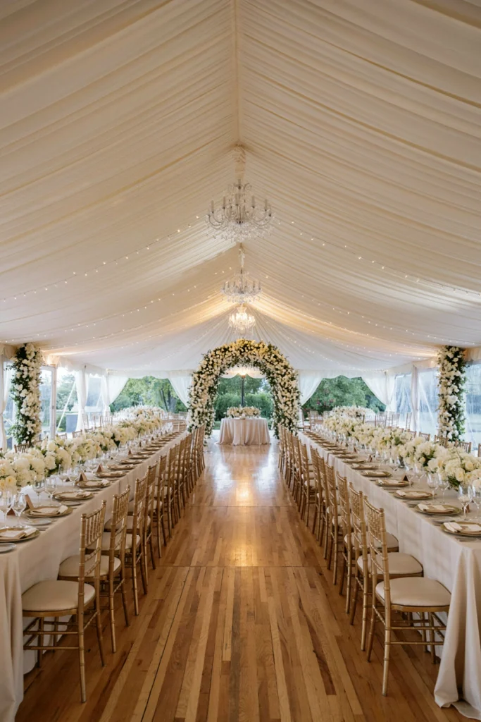 Reception tent with a fabric-draped ceiling and a crystal chandelier over each table