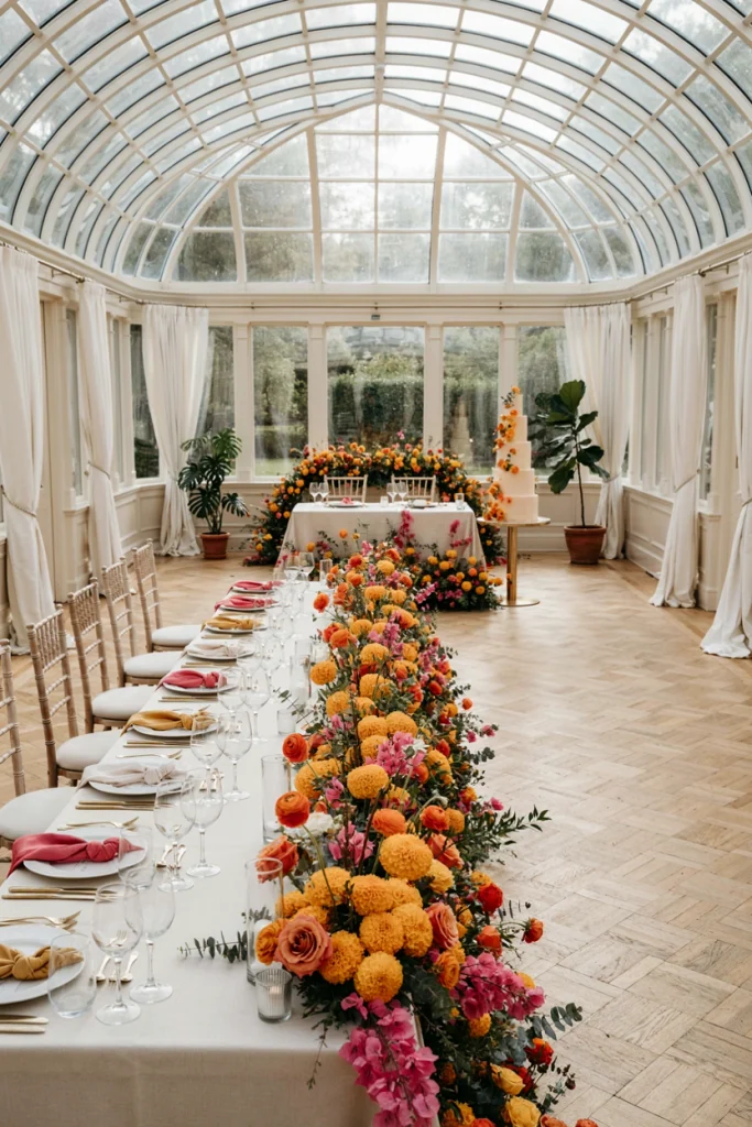Vibrant marigold, fuchsia bougainvillea, and orange ranunculus runner