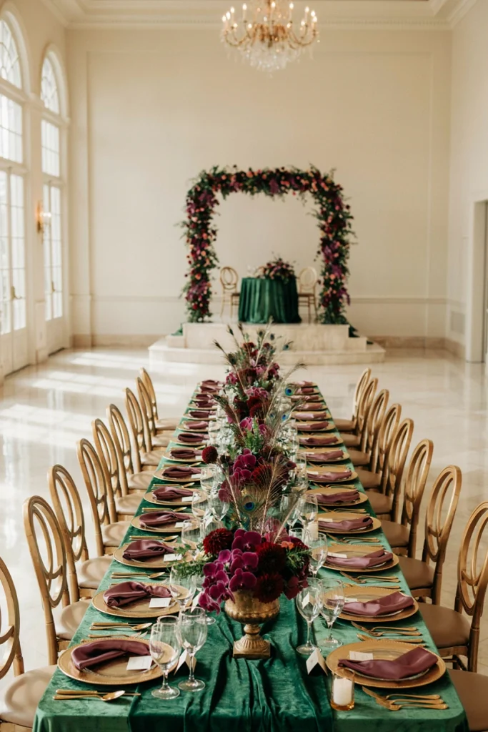Iridescent peacock feathers tucked among jewel-toned florals