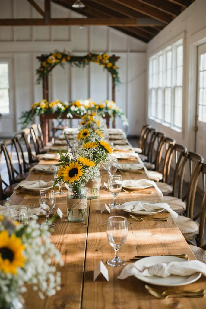 Mason jars wrapped in twine holding sunflowers and baby's breath