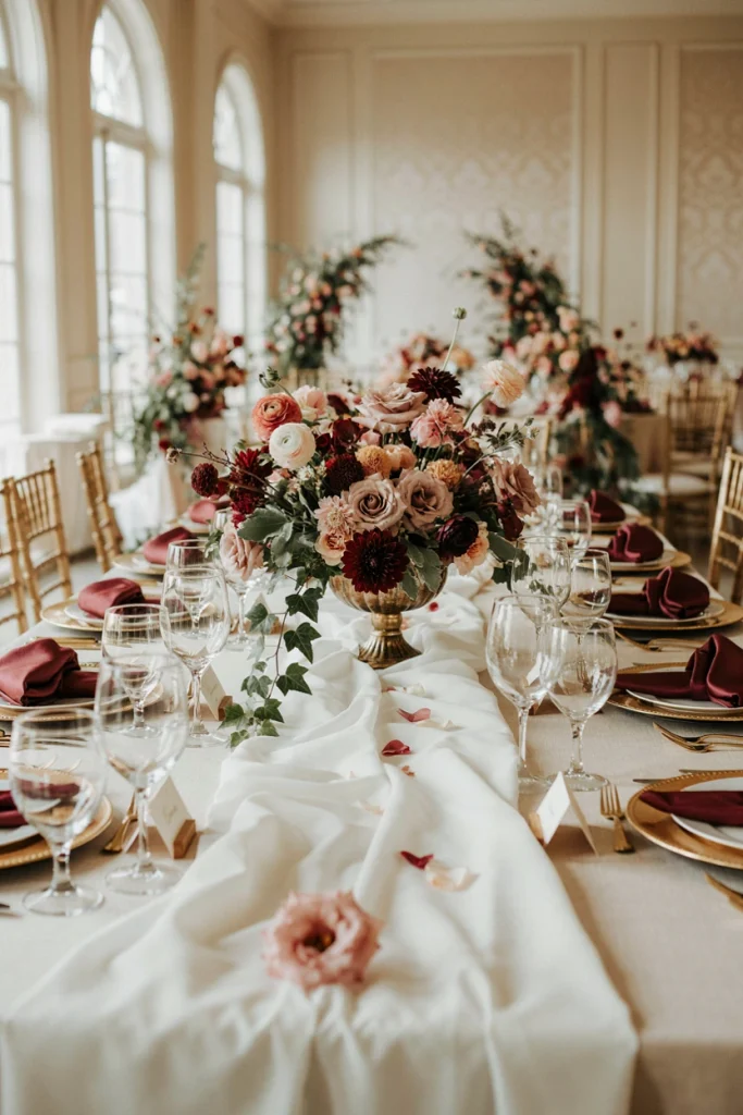 Blush garden roses and burgundy dahlias with trailing ivy centerpiece