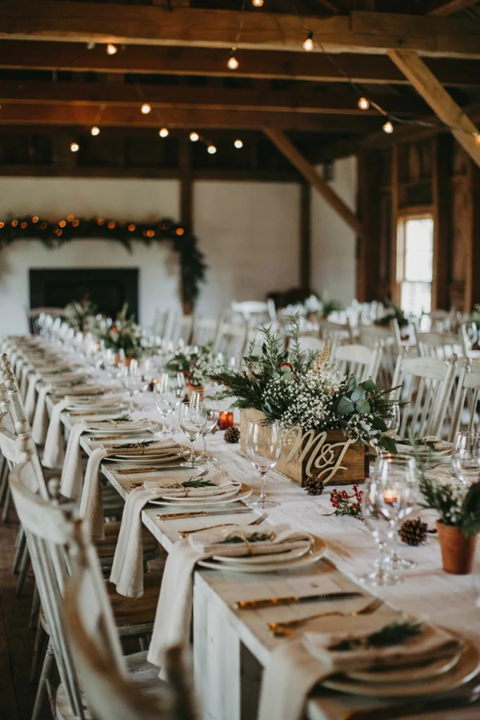 Wooden box centerpiece filled with rosemary sage and white flowers