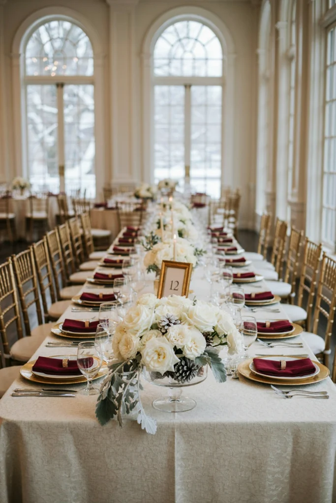 White rose and frosted pinecone centerpiece in a low glass compote bowl