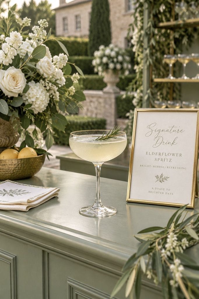 Coupe glass with a gin cocktail garnished with a fresh rosemary sprig on a sage-toned bar