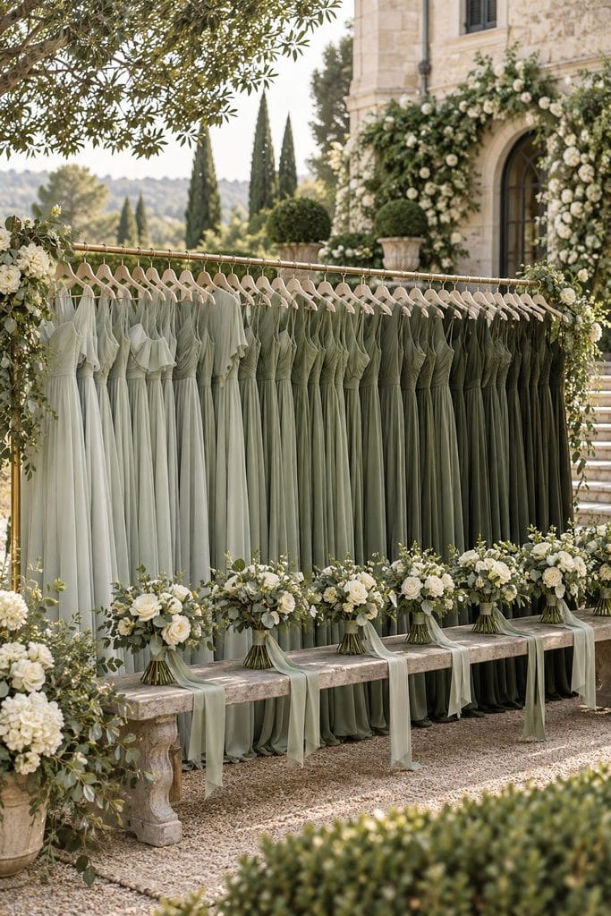 Bridesmaids in different shades of green from pale sage to deep olive
