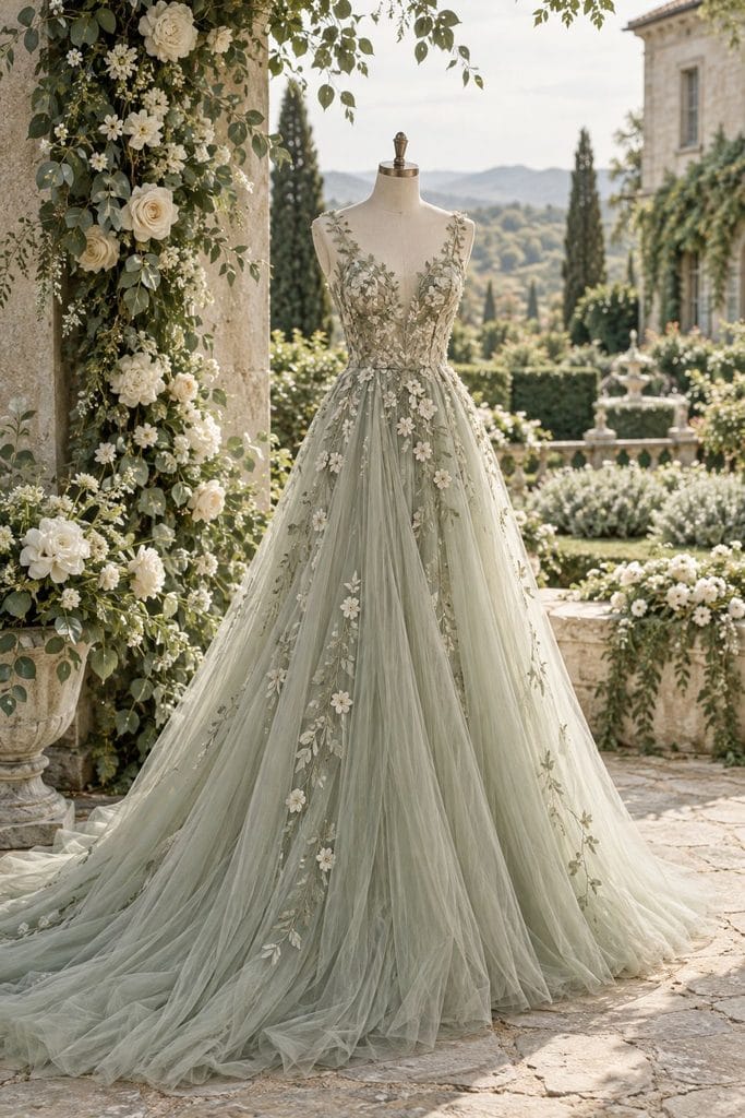 Bride in a pale sage tulle gown standing in a garden
