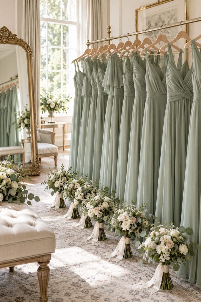 Bridesmaids in sage satin slip dresses laughing in a bright getting-ready room