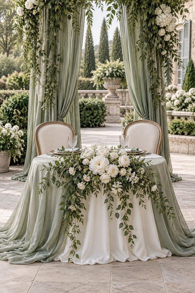 Small sweetheart table with a sage fabric backdrop, hanging greenery, and candles