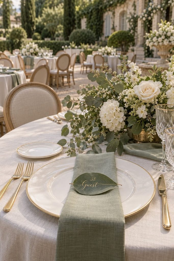 Guest names written in gold pen on individual eucalyptus leaves at place settings at a sage green wedding