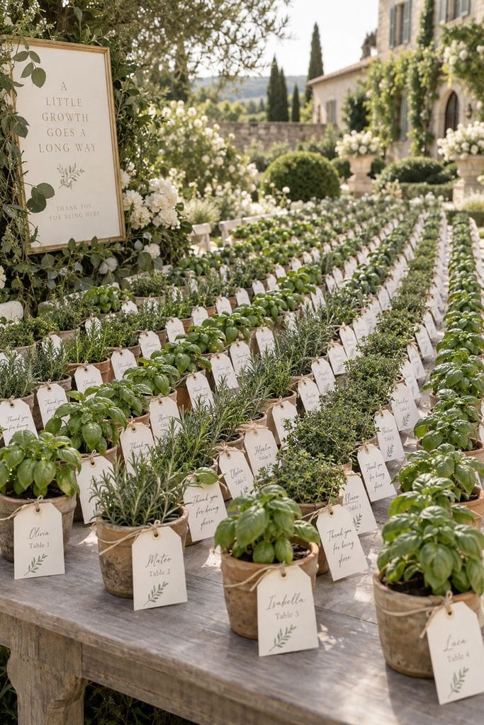 Small pots of basil, thyme, and rosemary lined up with handwritten thank-you tags at a sage green wedding
