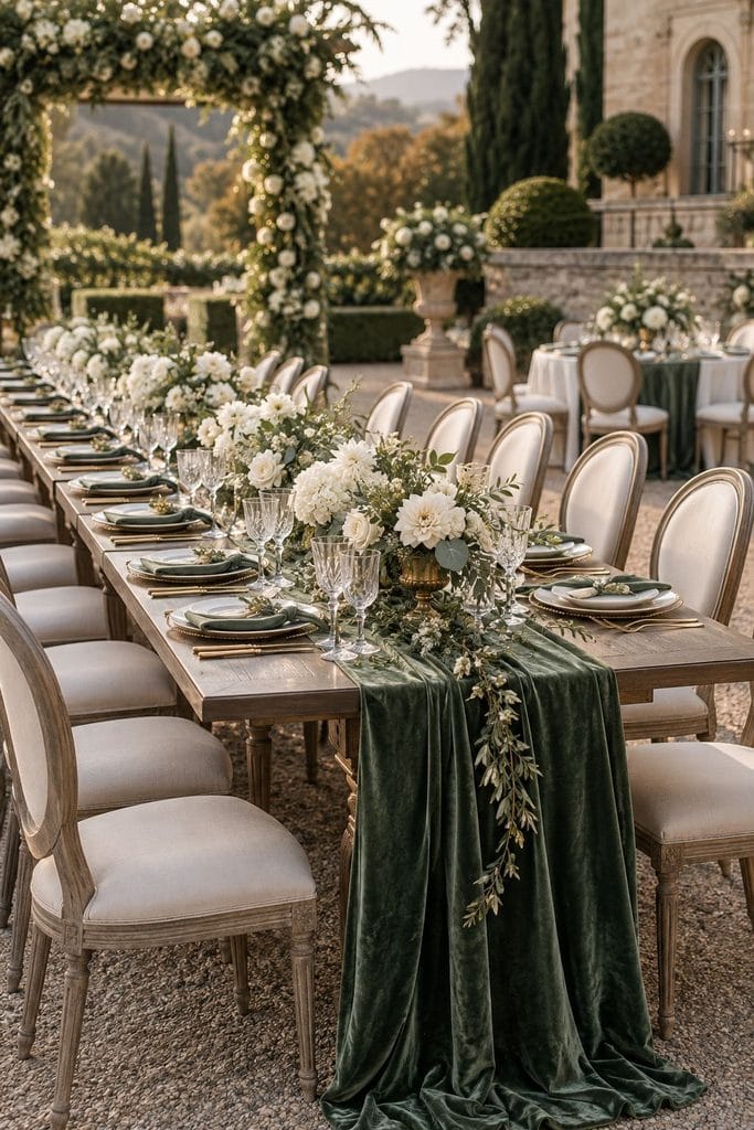 Deep sage velvet runner down a candlelit reception table