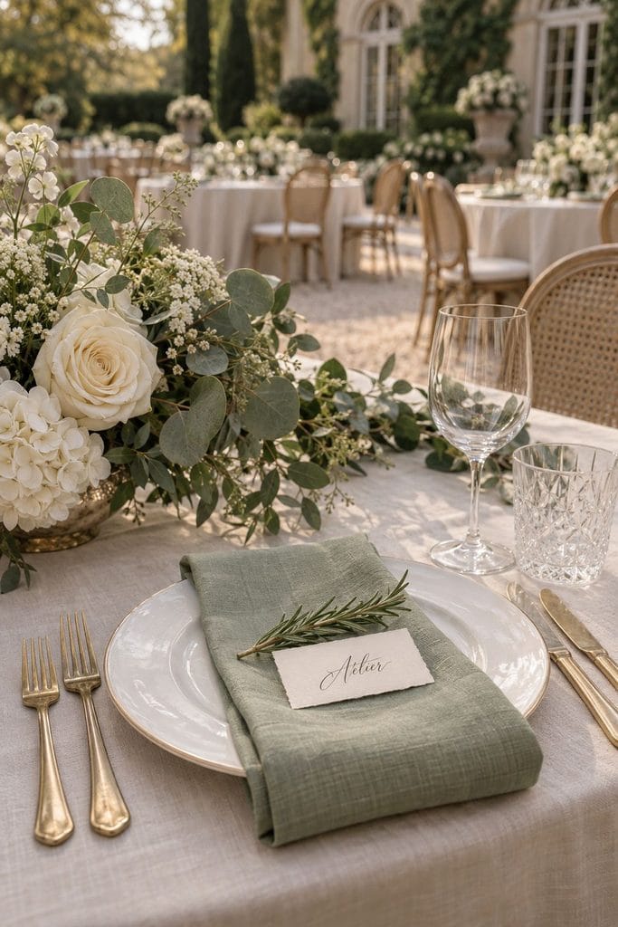 Folded sage linen napkin resting on a white plate with gold flatware