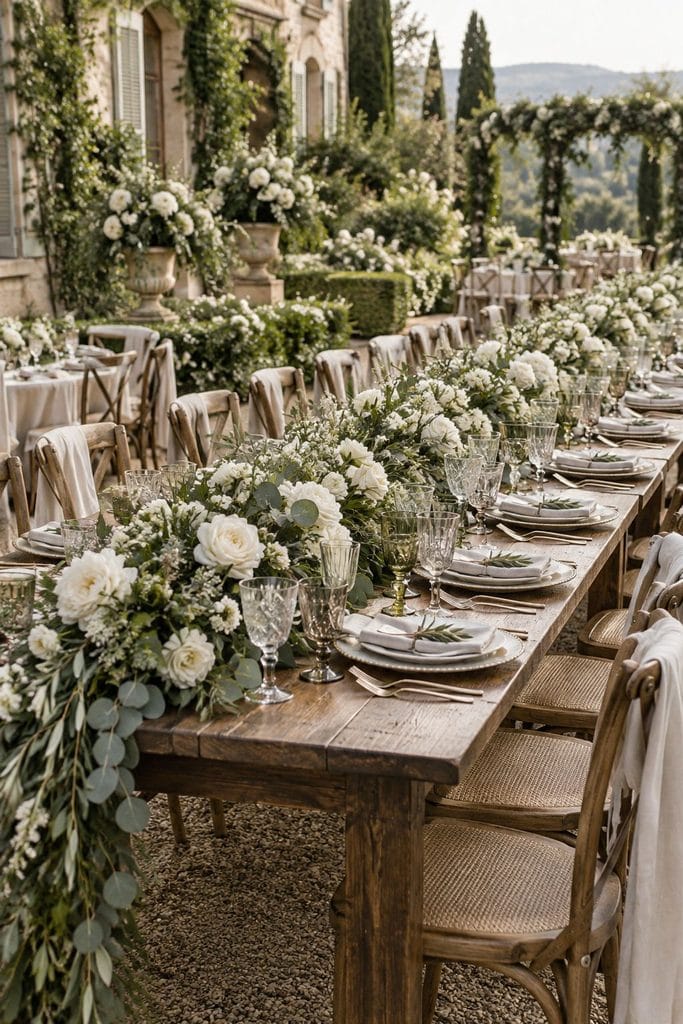 Long farm table with a thick eucalyptus runner, candles, and mismatched glassware at a sage green wedding