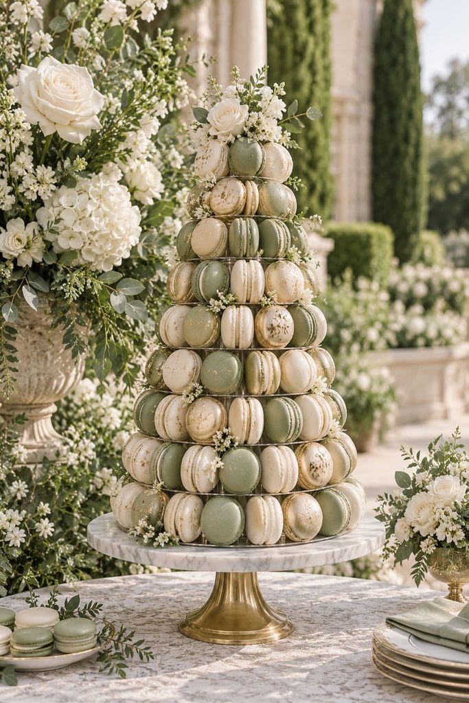 Tiered tower of sage green, cream, and pale gold macarons on a marble stand