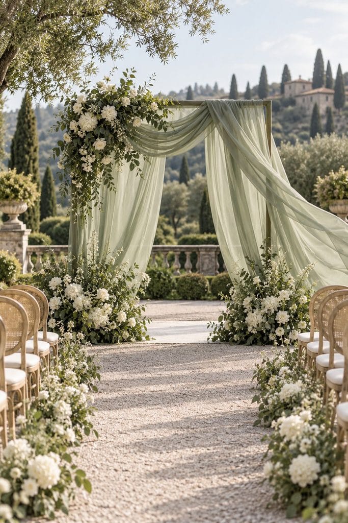 Sage chiffon panels billowing on a simple frame with gauzy florals at the base