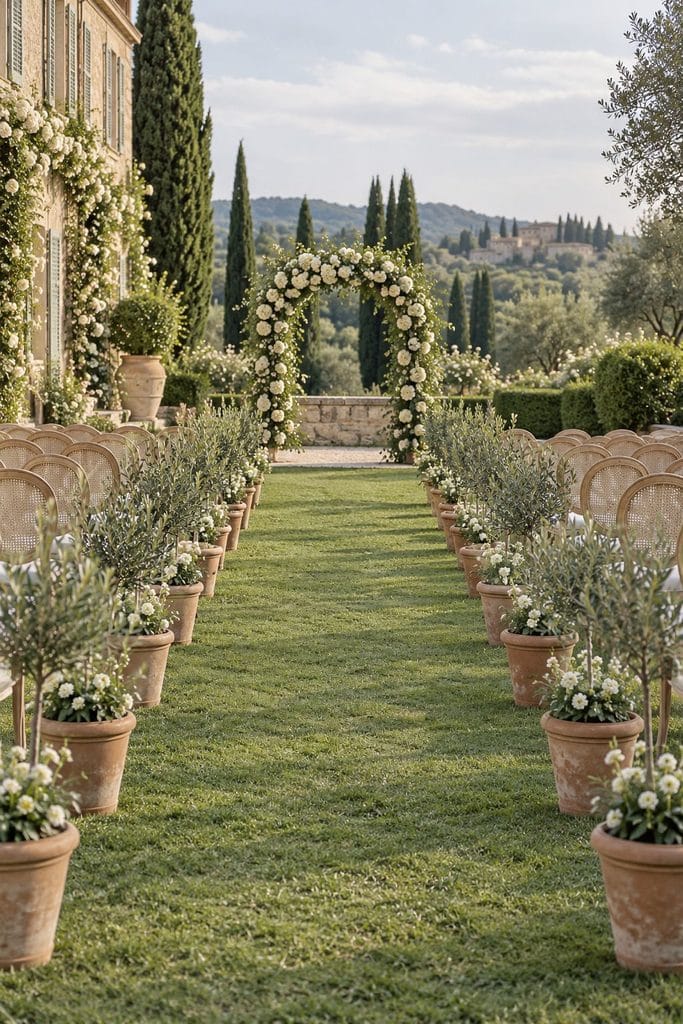 Small olive trees in terracotta pots lining a lawn aisle at a sage green wedding