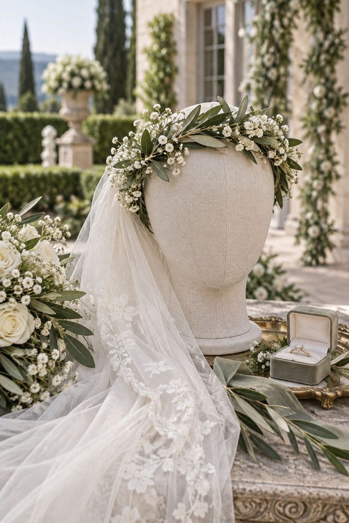 Delicate crown of olive leaves and baby's breath on a bride with loose waves at a sage green wedding