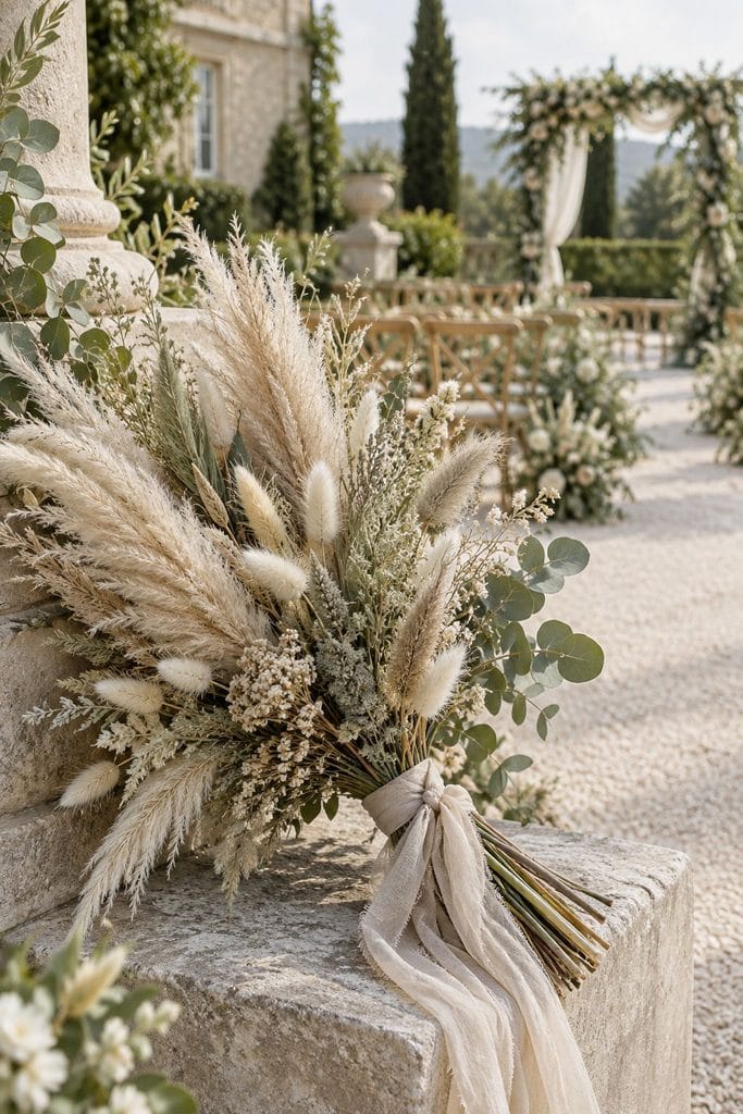Feathery pampas grass and dried sage-toned grasses tied with a neutral ribbon