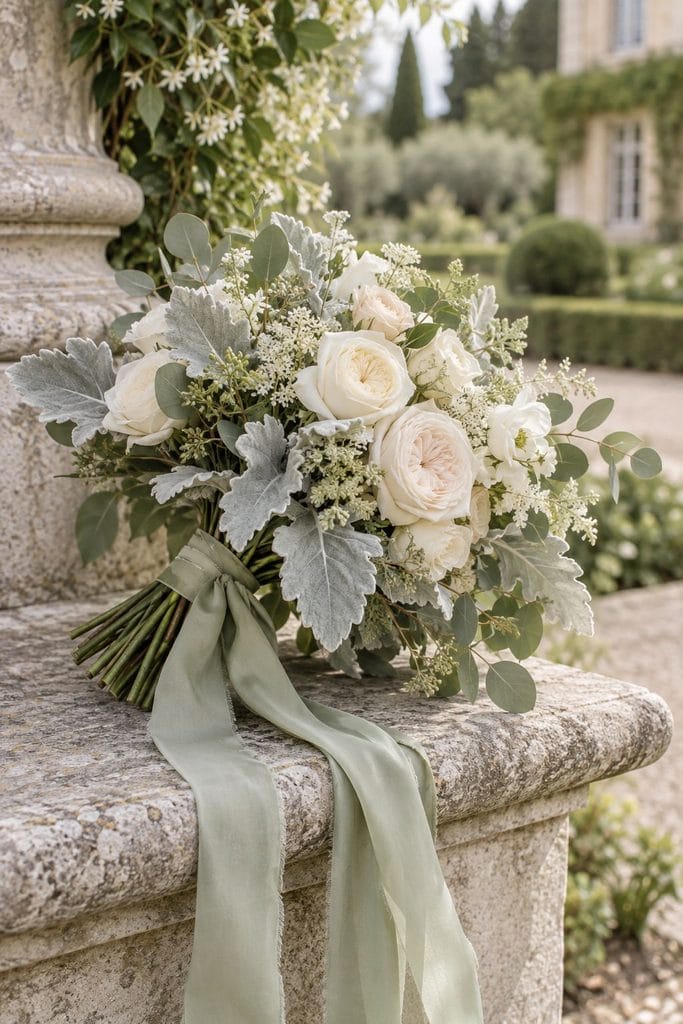 Silvery dusty miller leaves surrounding soft cream garden roses at a sage green wedding
