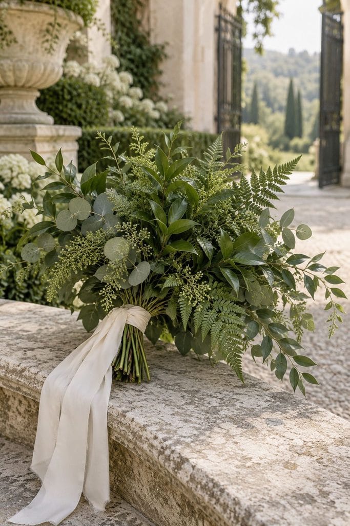Sculptural bouquet of ruscus, ferns, salal, and eucalyptus in ten shades of green at a sage green wedding