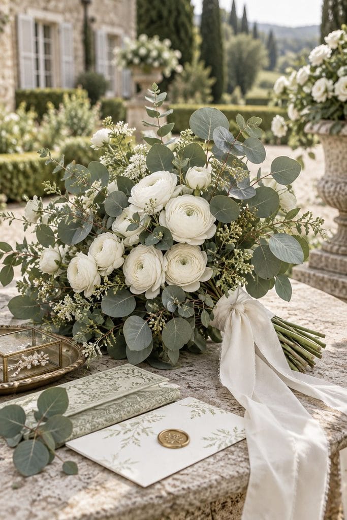 Bridal bouquet of silver dollar eucalyptus and creamy ranunculus wrapped in ivory silk ribbon at a sage green wedding