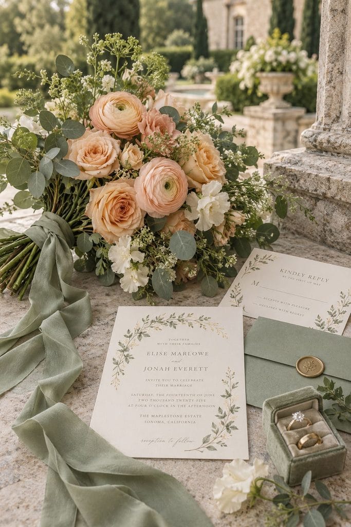 Peach ranunculus and apricot roses in a sage-wrapped bouquet