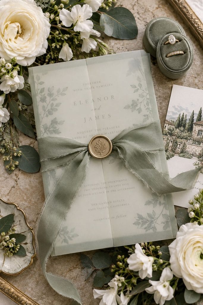 Translucent sage vellum wrap over a white invitation tied with silk ribbon