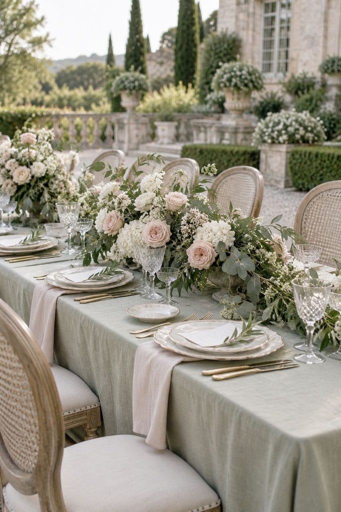 Dusty pink garden roses tucked into sage foliage on a linen-covered table