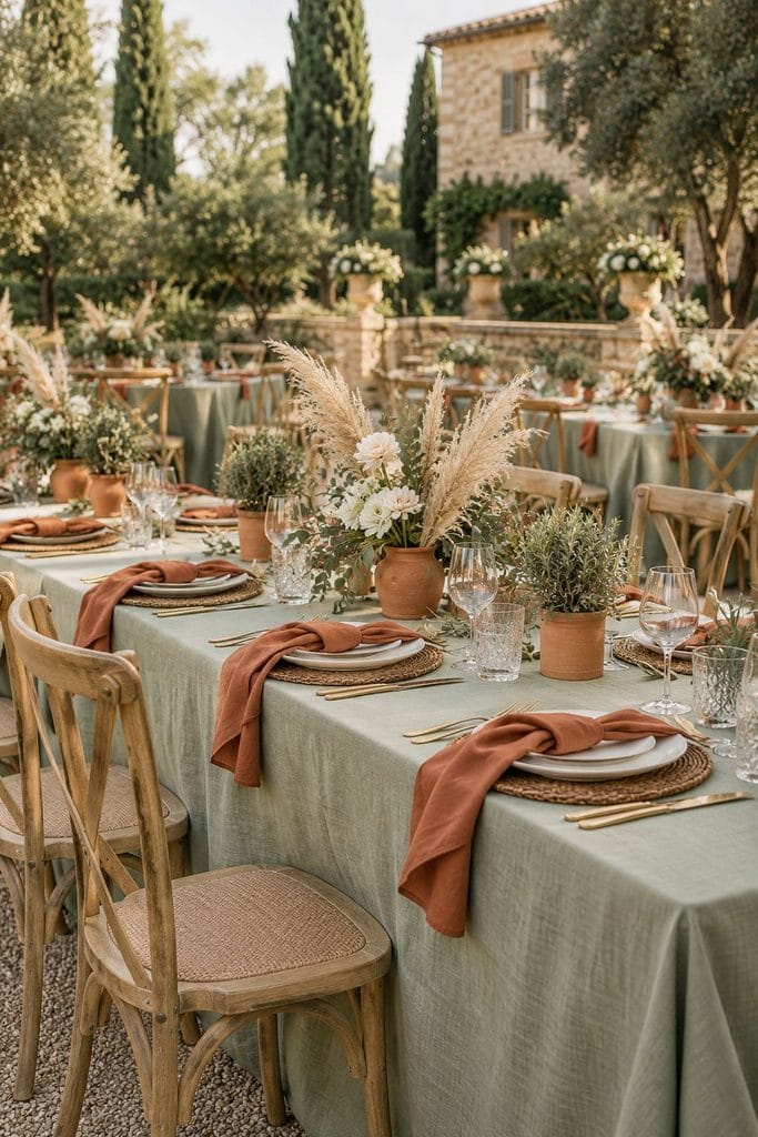 Rust-toned napkins and terracotta pots against sage linens with pampas grass