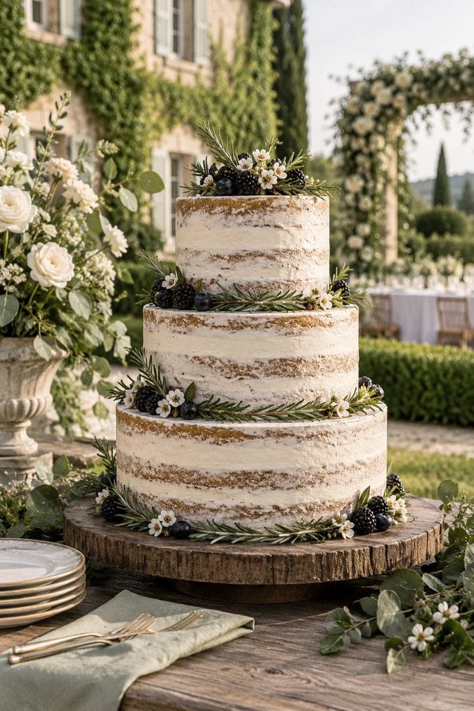 Rustic semi-naked cake topped with rosemary sprigs, berries, and small white flowers at a sage green wedding