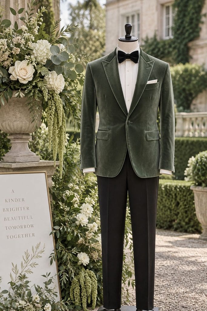 Groom in a sage velvet blazer with black trousers and a bow tie