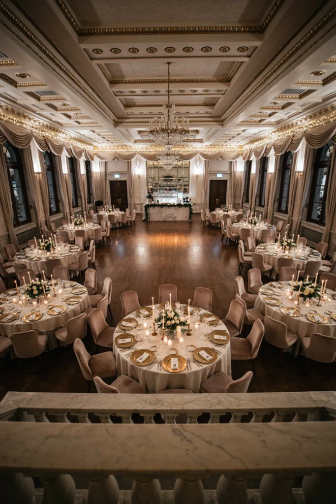 Bare birch trees strung with lights inside a reception hall