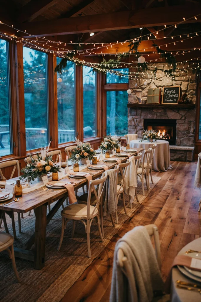 Candlelit table with knit runners and pinecones at a cozy winter wedding