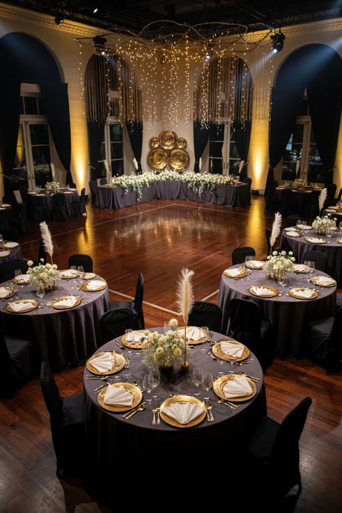 Black and white reception with gold accents and dramatic uplighting