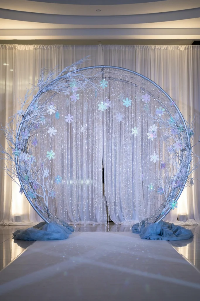 Wedding ceremony arch covered top to bottom in hanging crystal garland