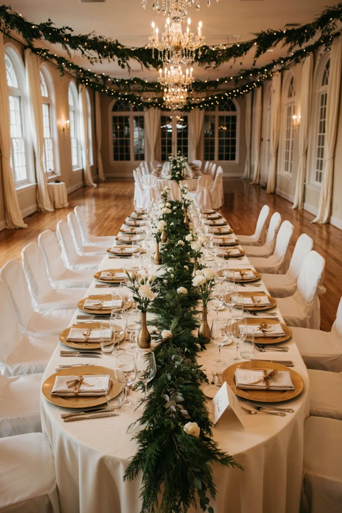 Evergreen garland draped over a long reception table with white candles