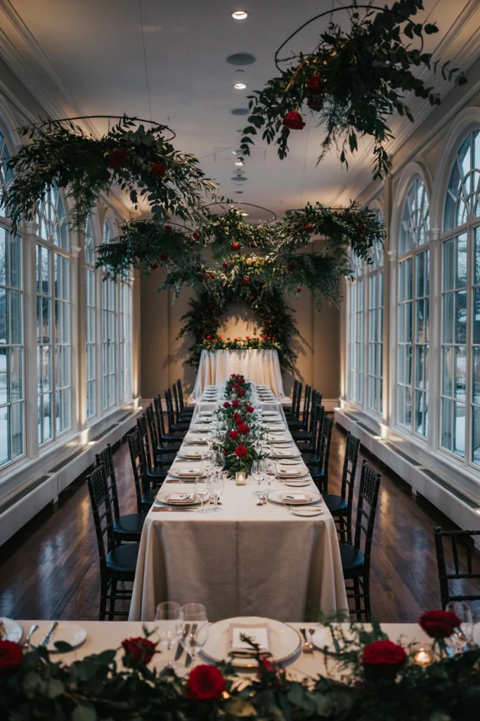 Deep red garden roses mixed with dark greenery in a romantic arrangement