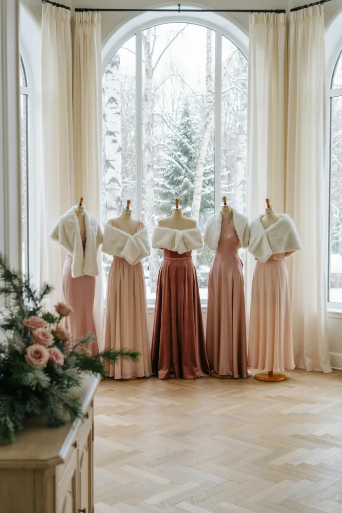 Bridesmaids in mismatched blush dresses wearing faux fur stoles outdoors in the snow