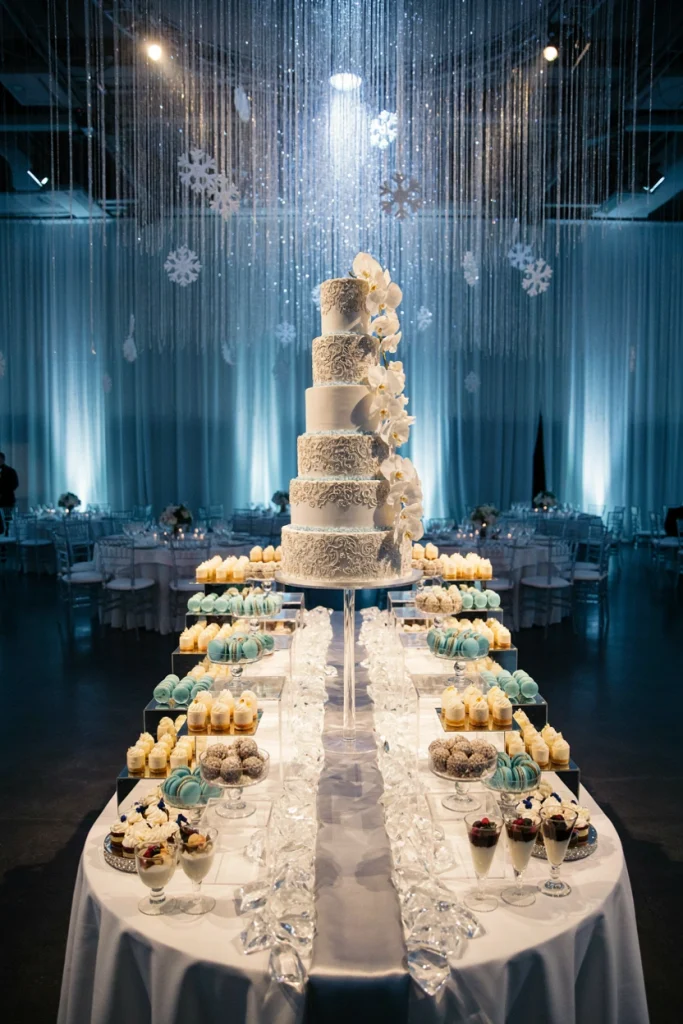 Tiered wedding dessert table with white cake and mini desserts on glass risers
