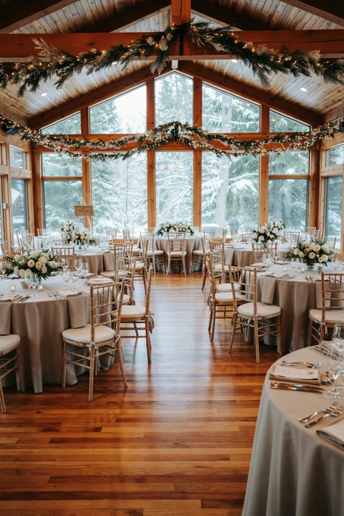Pine branches dusted with faux frost and white berries in a woodland centerpiece