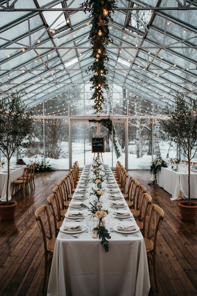 Greenhouse reception with warm lighting against a snowy window backdrop