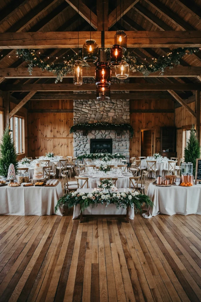 Amber glass lanterns hanging from ceiling beams above a wedding dance floor