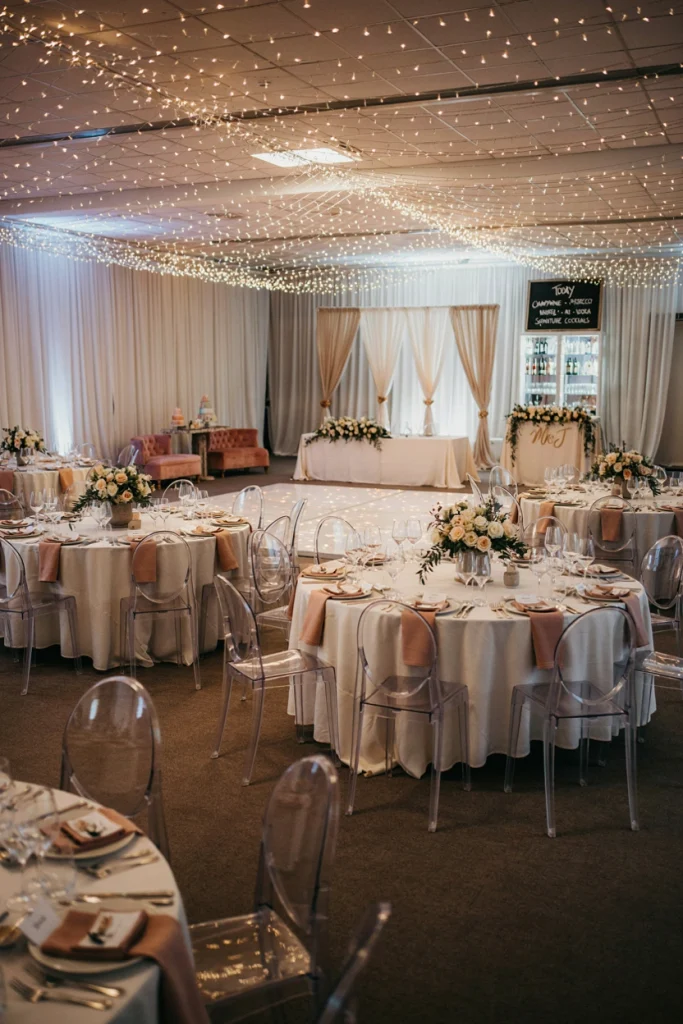 Fairy light draped ceiling over a dance floor with soft white florals