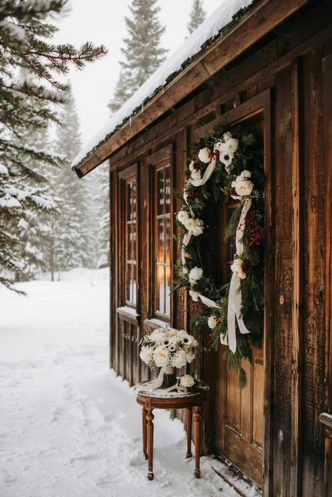 Couple sharing a first look moment in a snow-covered cabin doorway
